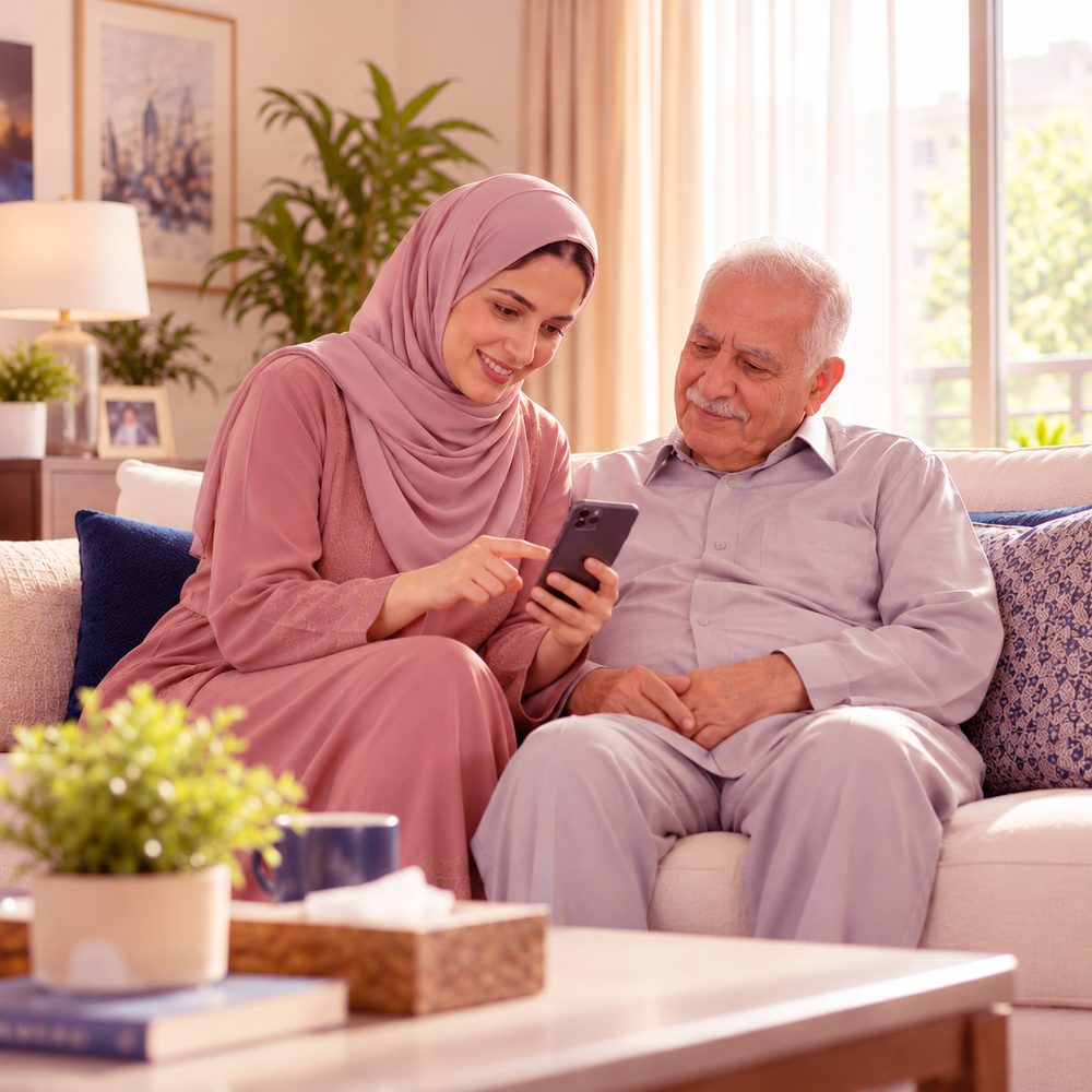ابنة تحجز زيارة طبية منزلية عبر هاتفها وهي تجلس بجانب والدها المسنّ